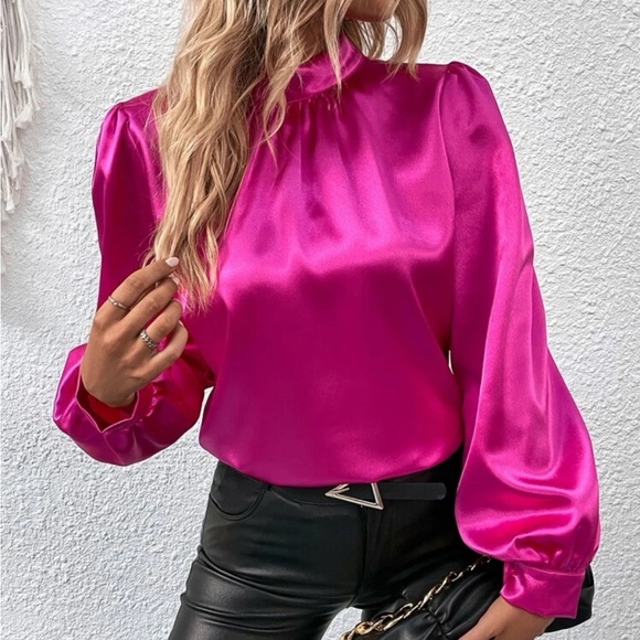 Luxe lantern sleeve mock neck satin blouse - Picture 6 of 11